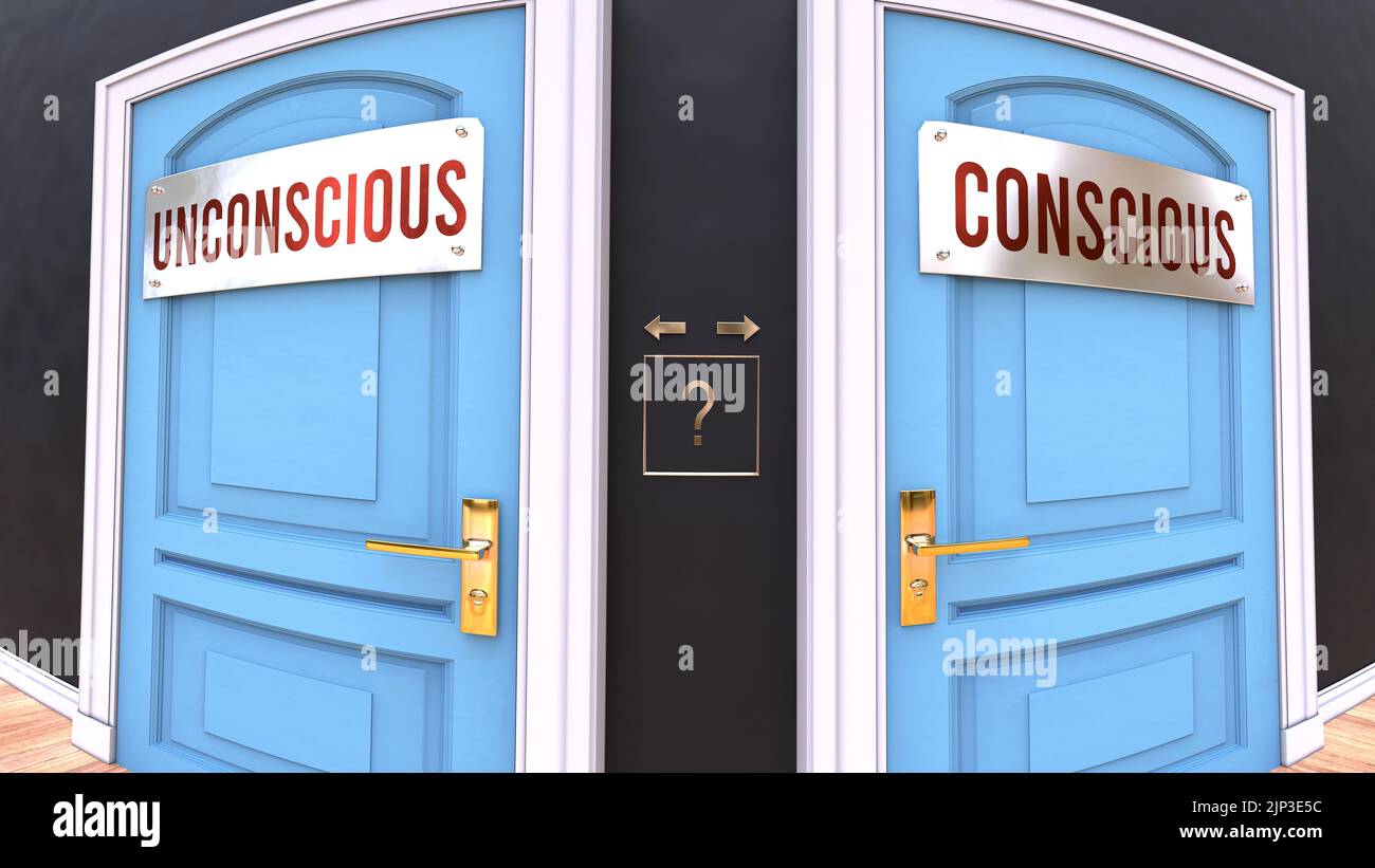 Unconscious or Conscious - a choice. Two options to choose from represented by doors leading to different outcomes. Symbolizes decision to pick up eit Stock Photo