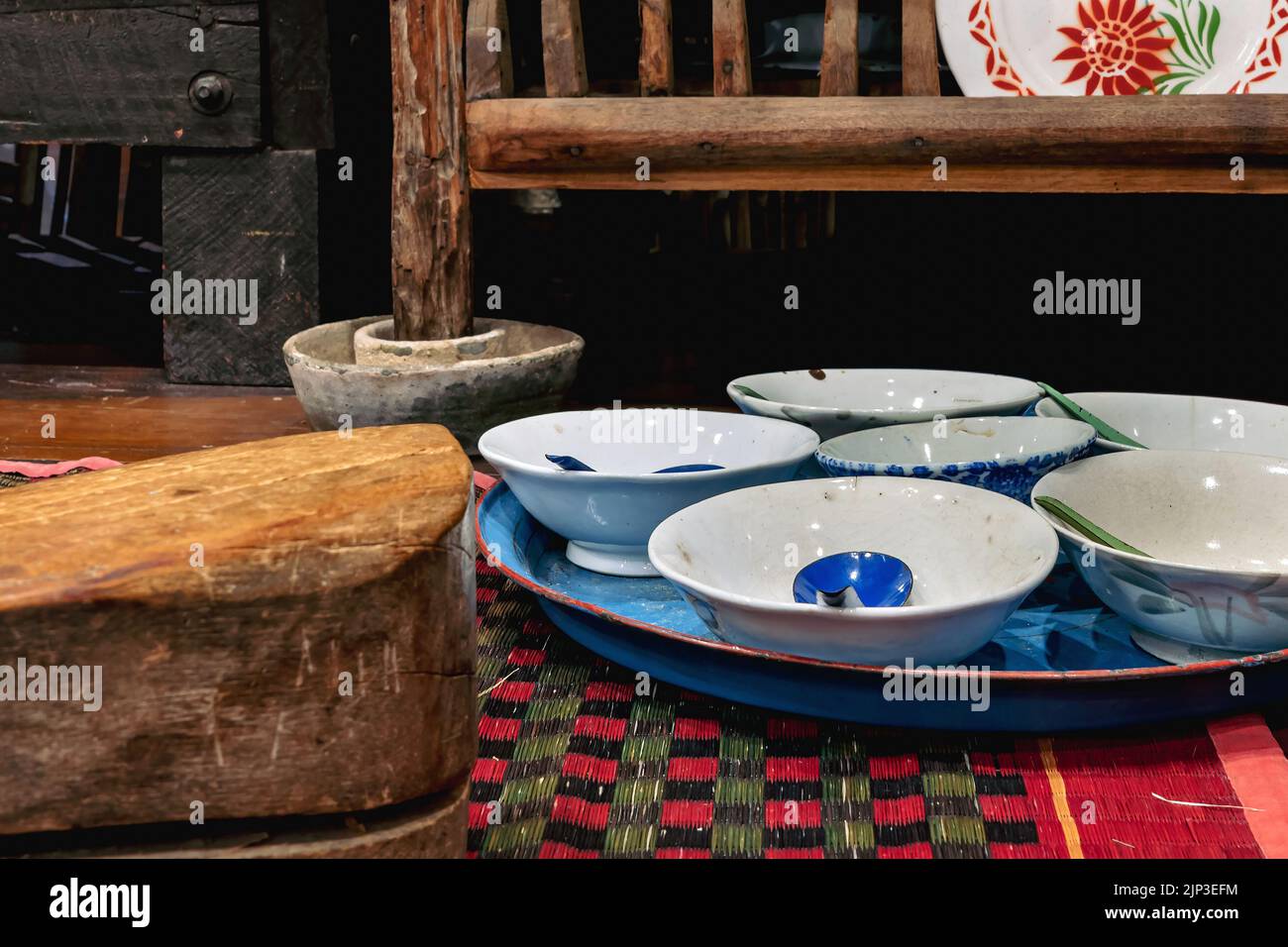 Variety and types of utensils for simple cooking of Asian families in