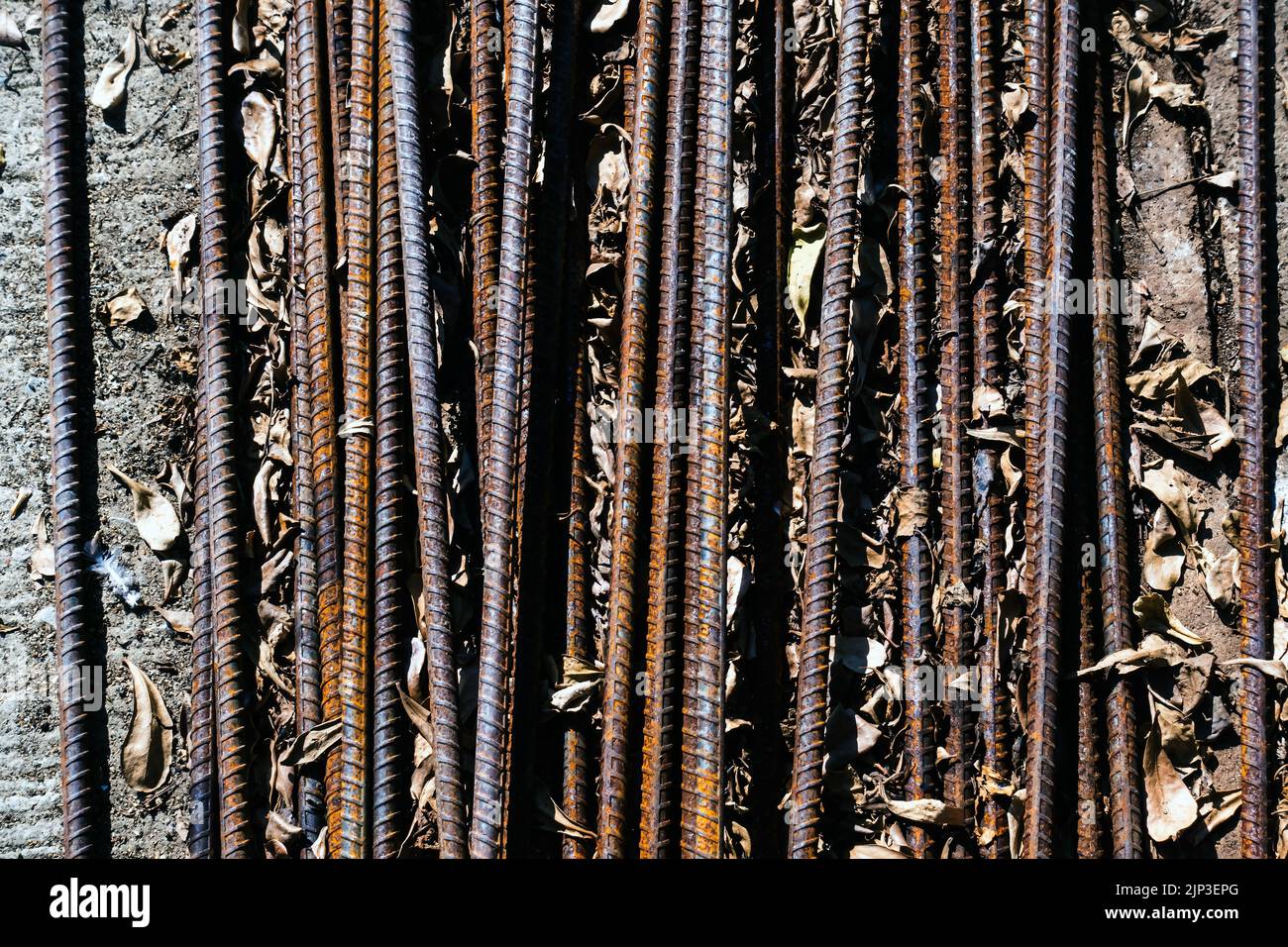 Top view old rusted iron bars and dry leaves on floor. Close up to