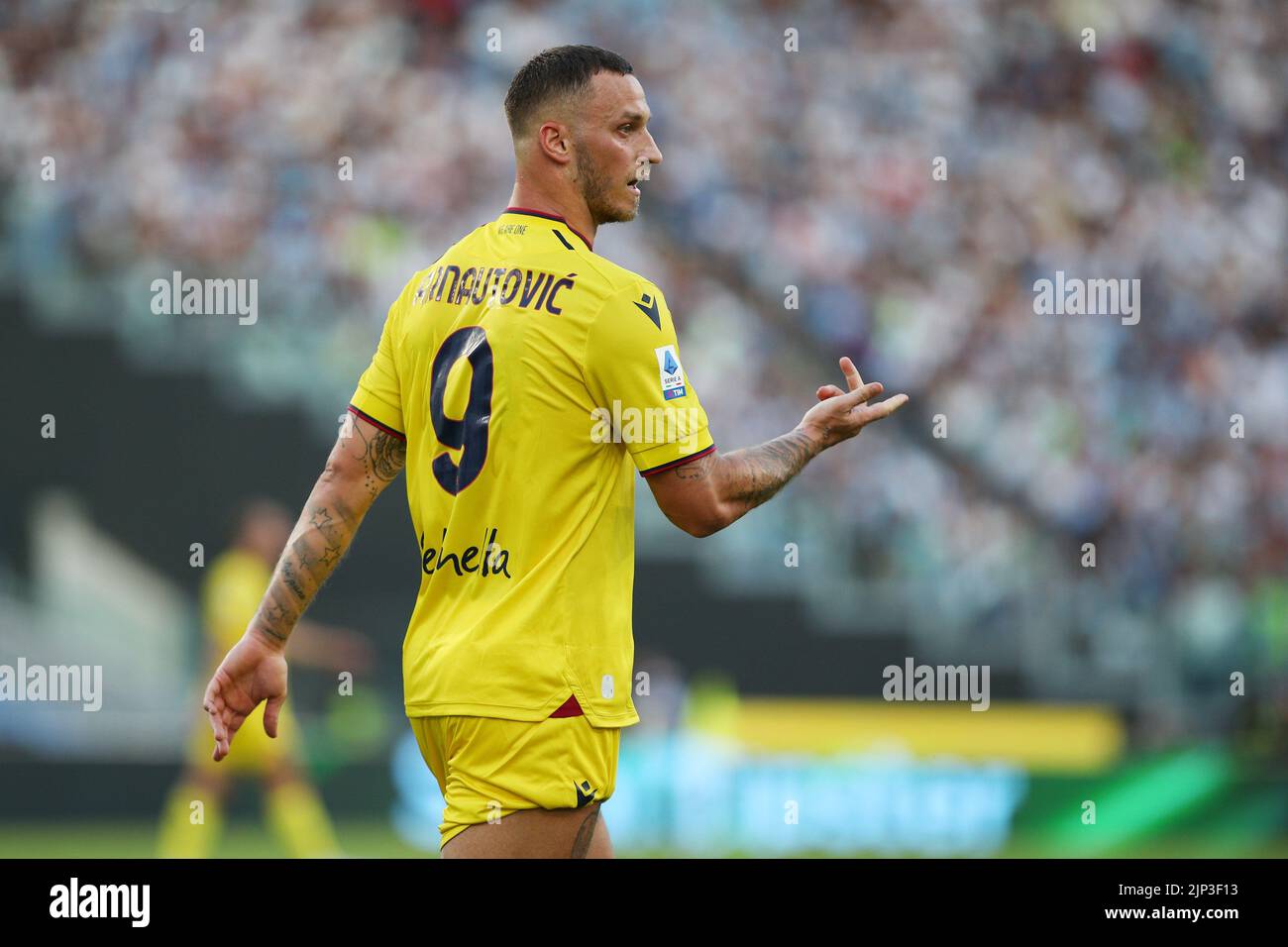 Marko Arnautovic of Bologna gestures during the Italian championship Serie A football match between SS Lazio and Bologna FC on August 14, 2022 at Stadio Olimpico in Rome, Italy - Photo Federico Proietti / DPPI Stock Photo