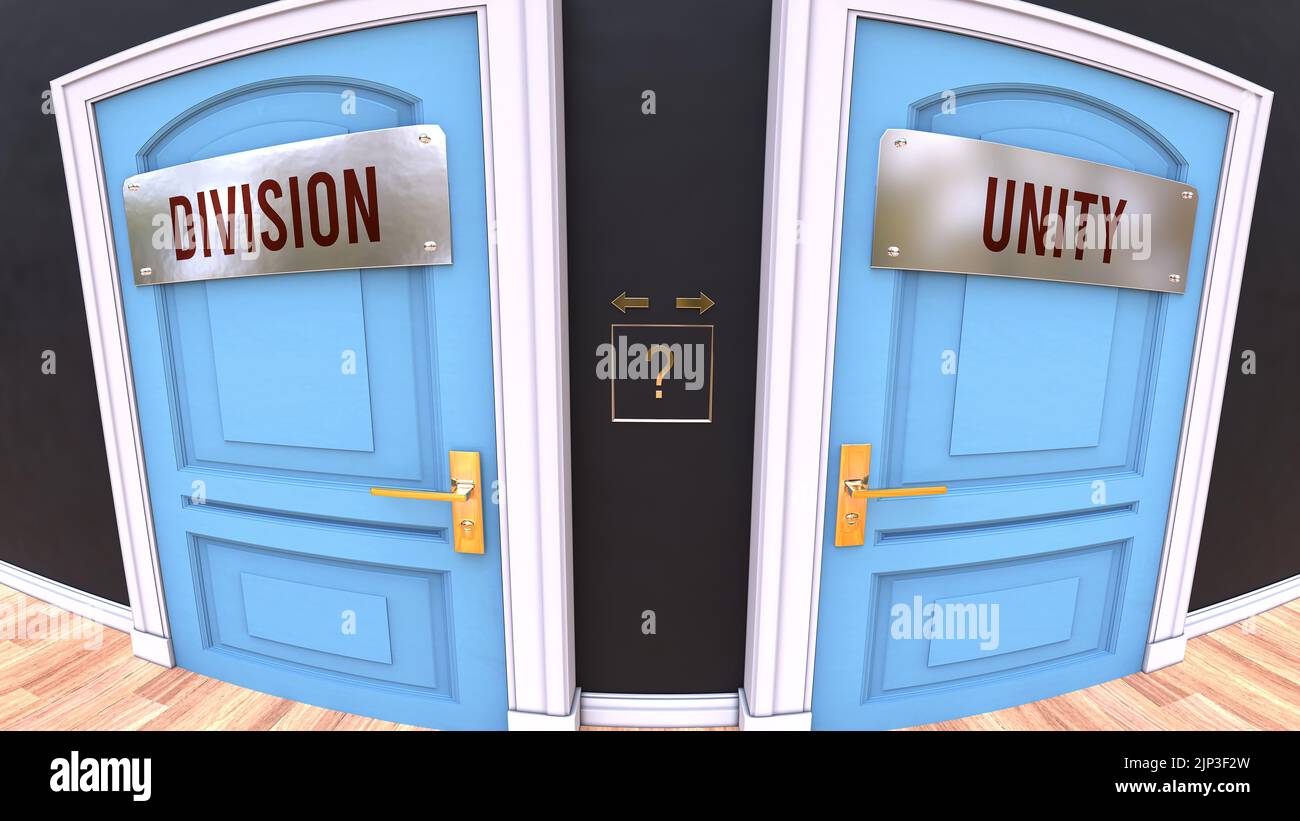 Division or Unity - a choice. Two options to choose from represented by doors leading to different outcomes. Symbolizes decision to pick up either Div Stock Photo