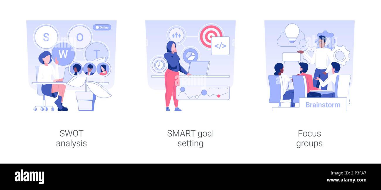 Business analysis instruments isolated concept vector illustration set. SWOT analysis, SMART