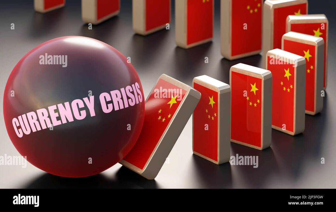 China and currency crisis, causing a national problem and a falling economy. Currency crisis as a driving force in the possible decline of China.,3d i Stock Photo