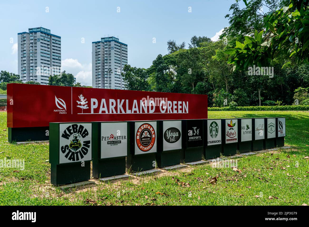 Parkland Green food & beverages establishments sign at East Coast Park, Singapore. Horizontal Shot. Stock Photo