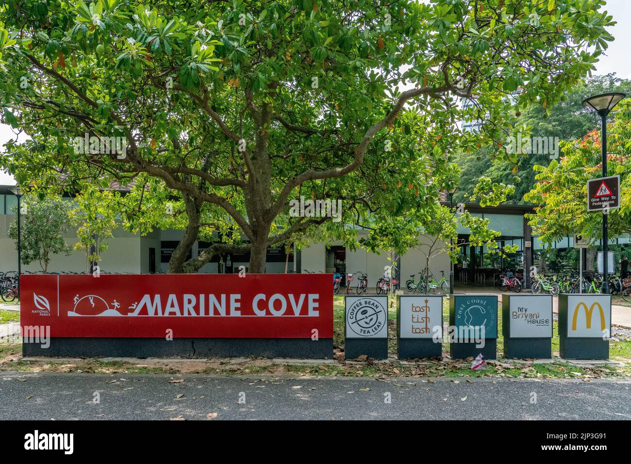 Marine Cove food & beverages establishments sign at East Coast Park, Singapore. Horizontal Shot. Stock Photo