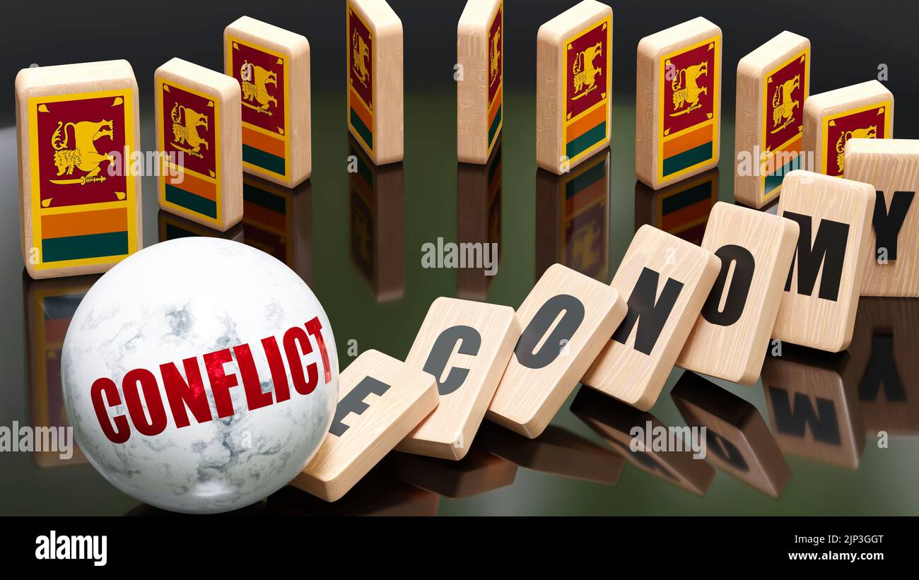Sri Lanka and conflict, economy and domino effect - chain reaction in Sri Lanka set off by conflict causing a crash - economy blocks and Sri Lanka fla Stock Photo