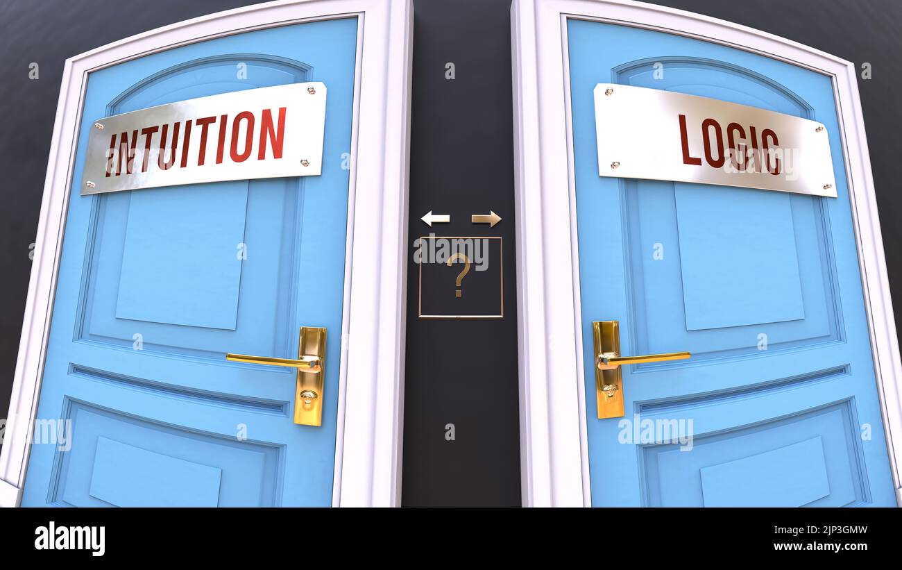 Intuition or Logic - a choice. Two options to choose from represented by doors leading to different outcomes. Symbolizes decision to pick up either In Stock Photo