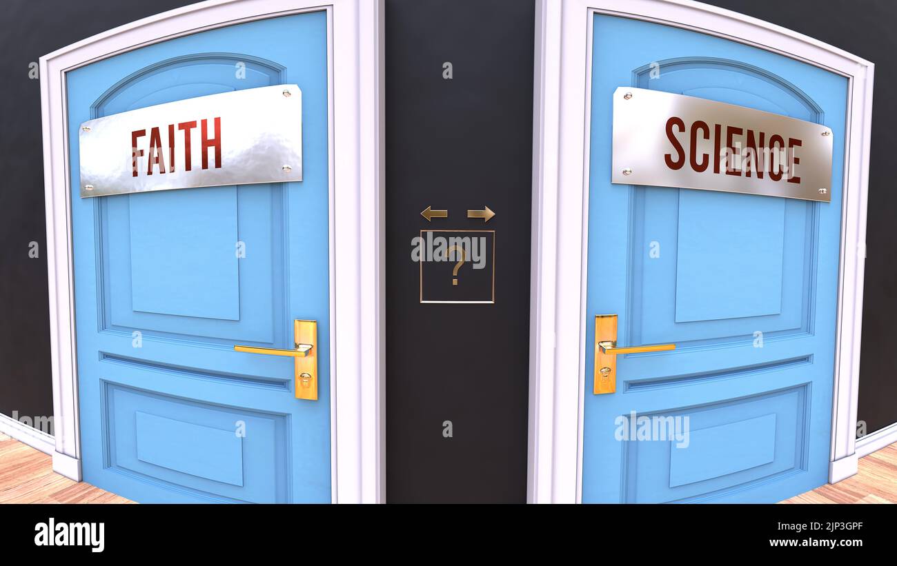Faith or Science - a choice. Two options to choose from represented by doors leading to different outcomes. Symbolizes decision to pick up either Fait Stock Photo