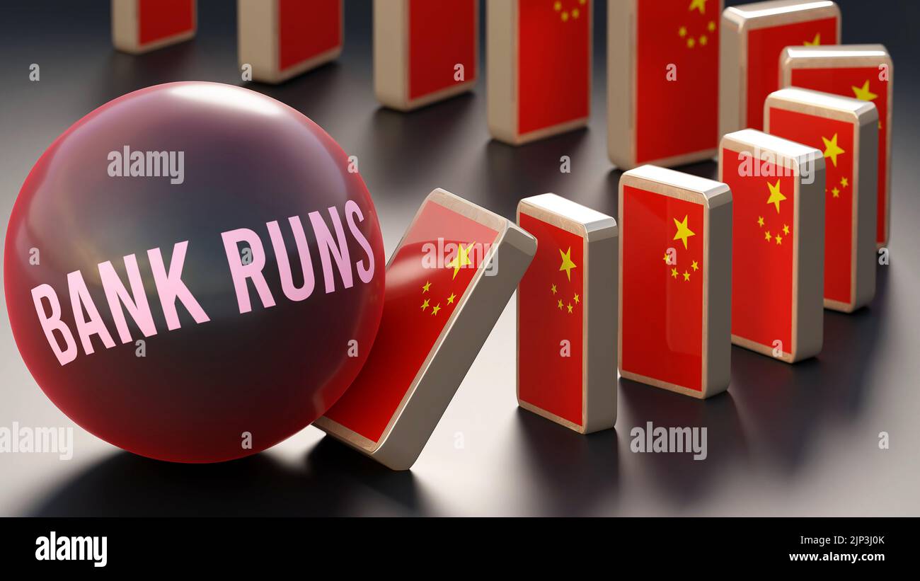 China and bank runs, causing a national problem and a falling economy. Bank runs as a driving force in the possible decline of China.,3d illustration Stock Photo