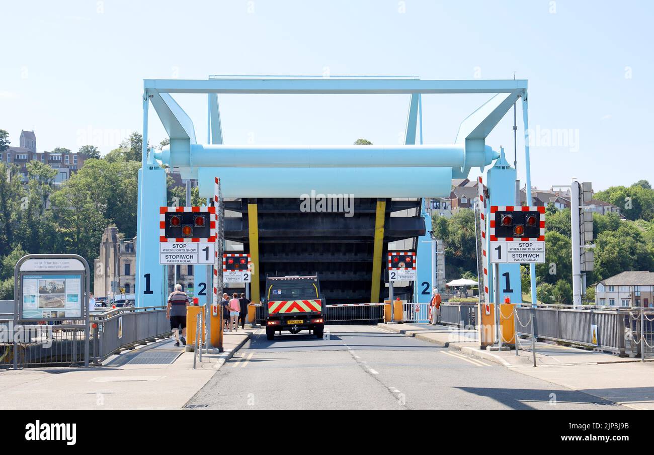 Bascule Bridges, for raising road to allow boats into and out of Cardiff Bay via lock gates beneath. Cardiff Barrage. July/August 2022. Summer Stock Photo