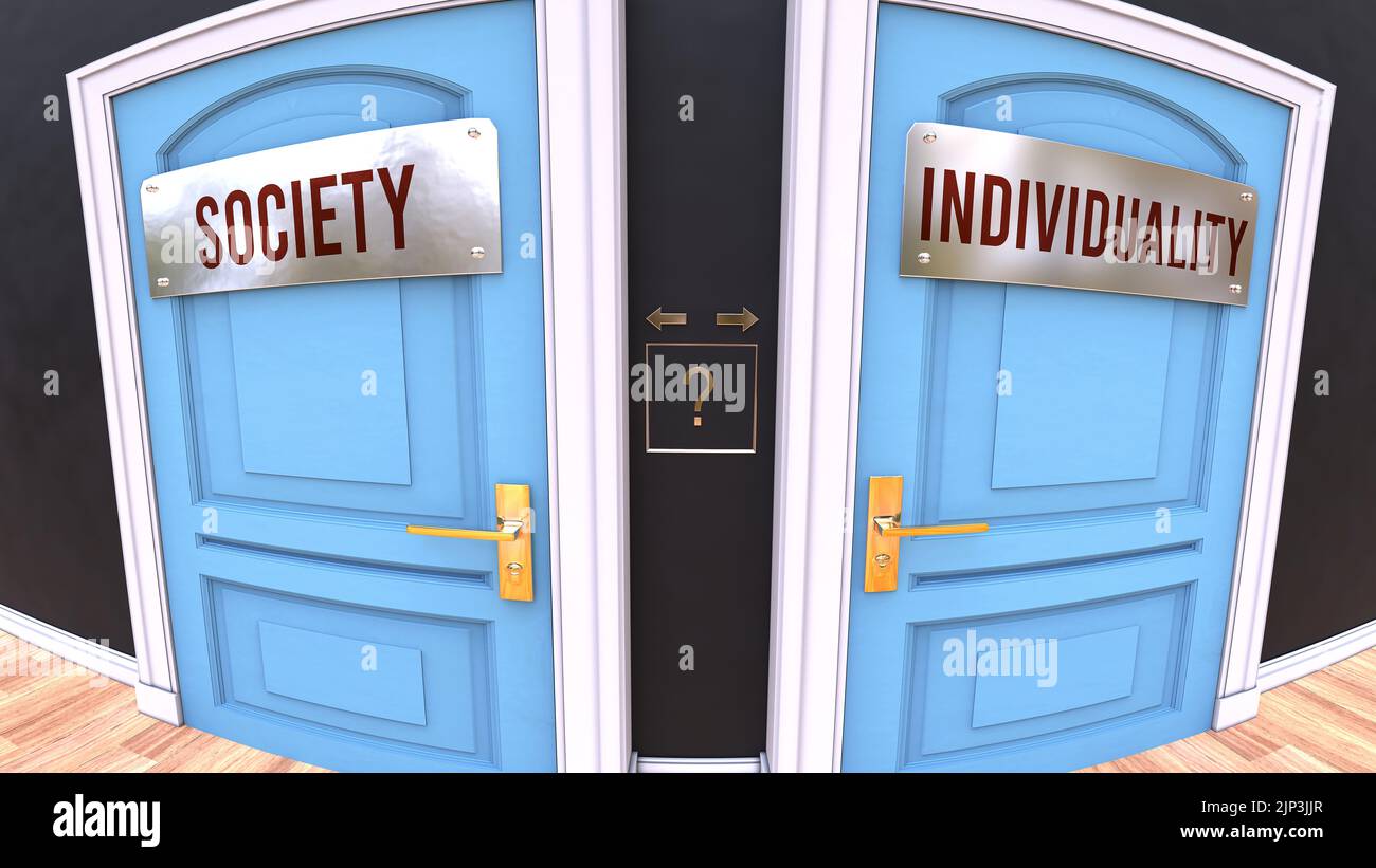 Society or Individuality - a choice. Two options to choose from represented by doors leading to different outcomes. Symbolizes decision to pick up eit Stock Photo