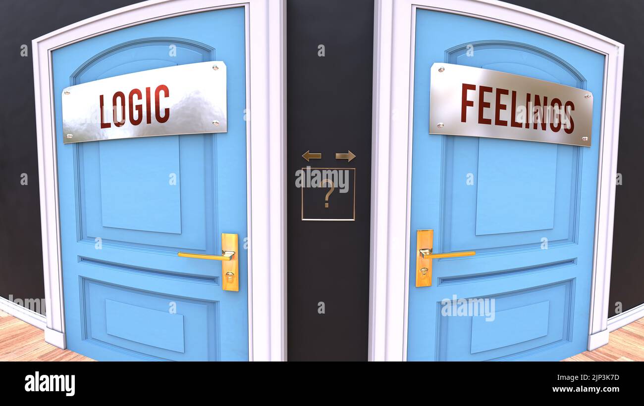 Logic or Feelings - a choice. Two options to choose from represented by doors leading to different outcomes. Symbolizes decision to pick up either Log Stock Photo