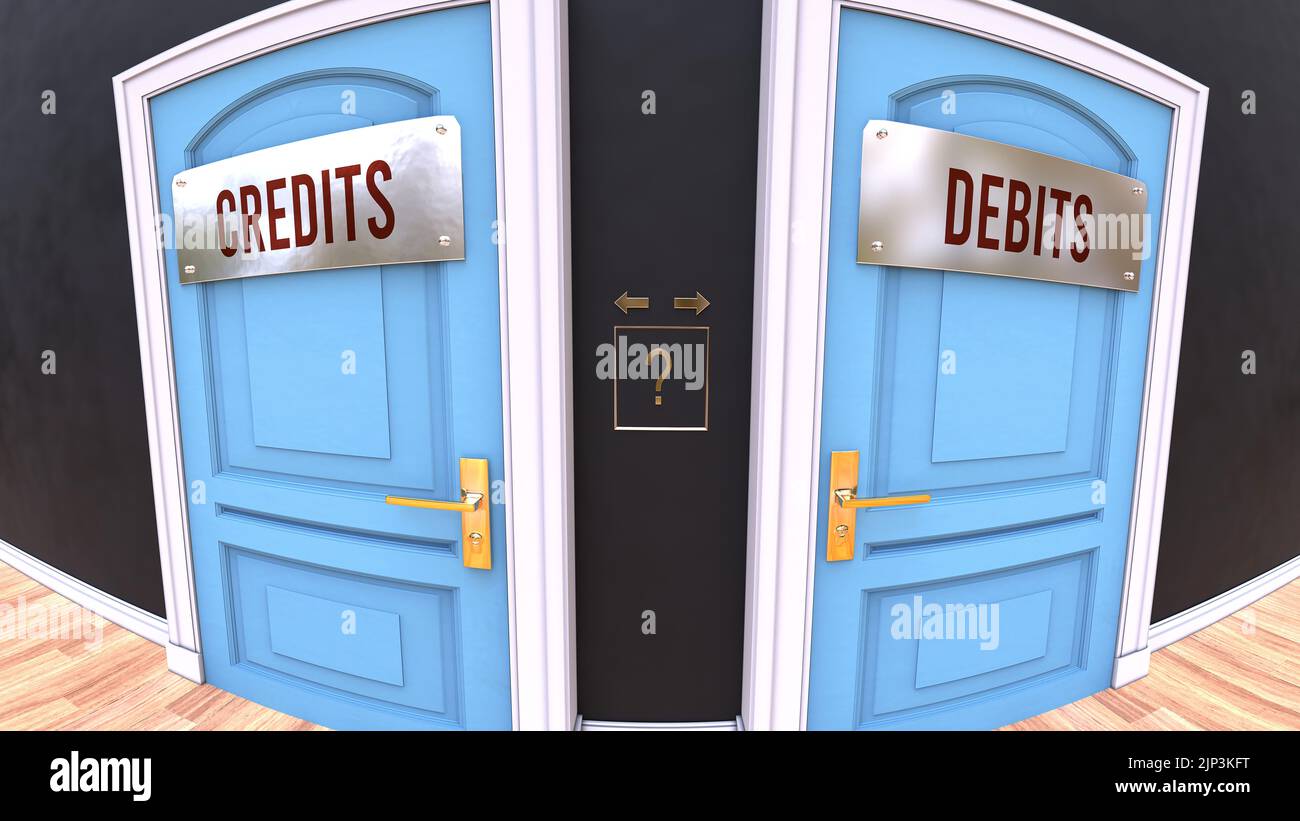 Credits or Debits - a choice. Two options to choose from represented by doors leading to different outcomes. Symbolizes decision to pick up either Cre Stock Photo