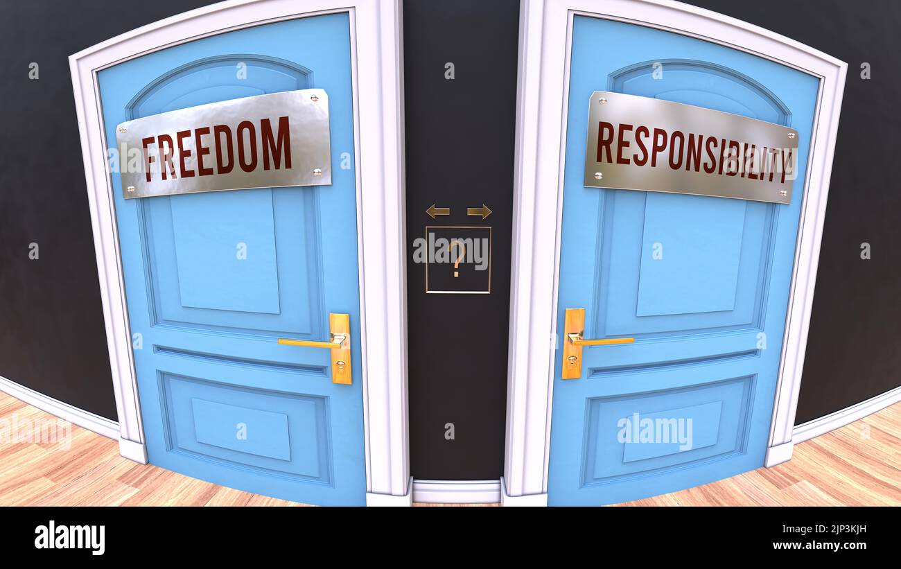 Freedom or Responsibility - a choice. Two options to choose from represented by doors leading to different outcomes. Symbolizes decision to pick up ei Stock Photo
