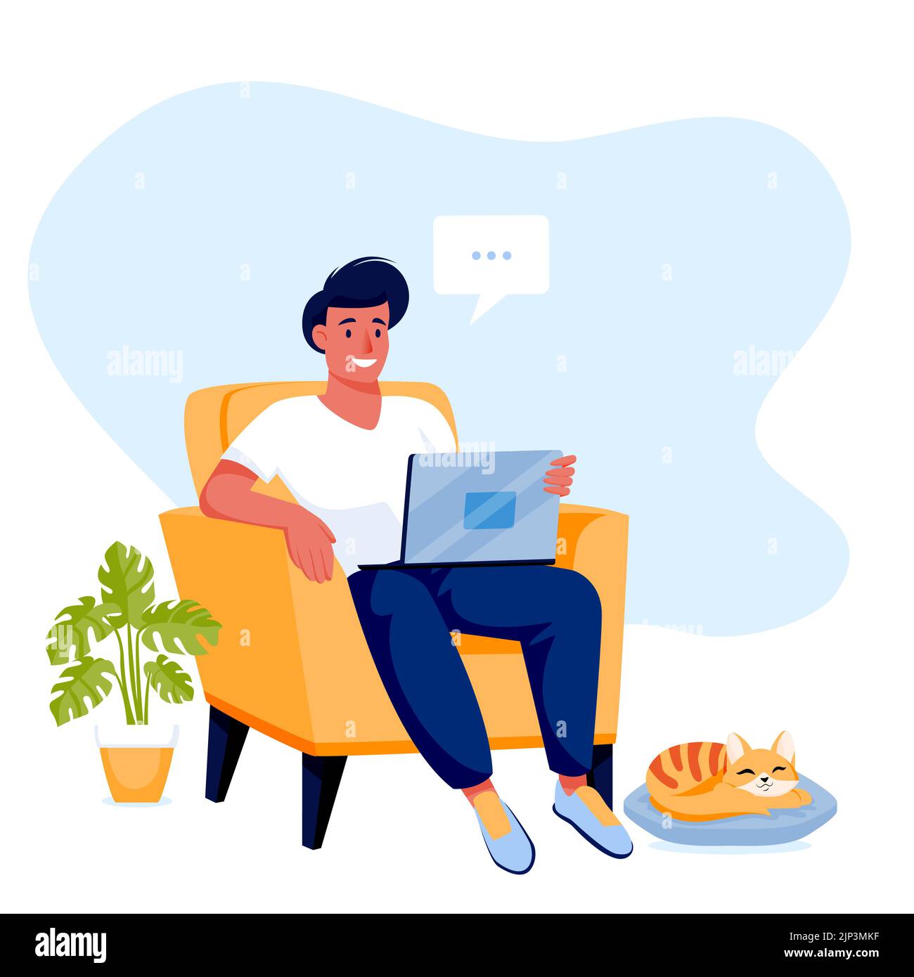 Man sitting on arm-achair and works on laptop. Young guy freelancer and sleeping red cat at home. Vector flat cartoon characters illustration. Online Stock Vector