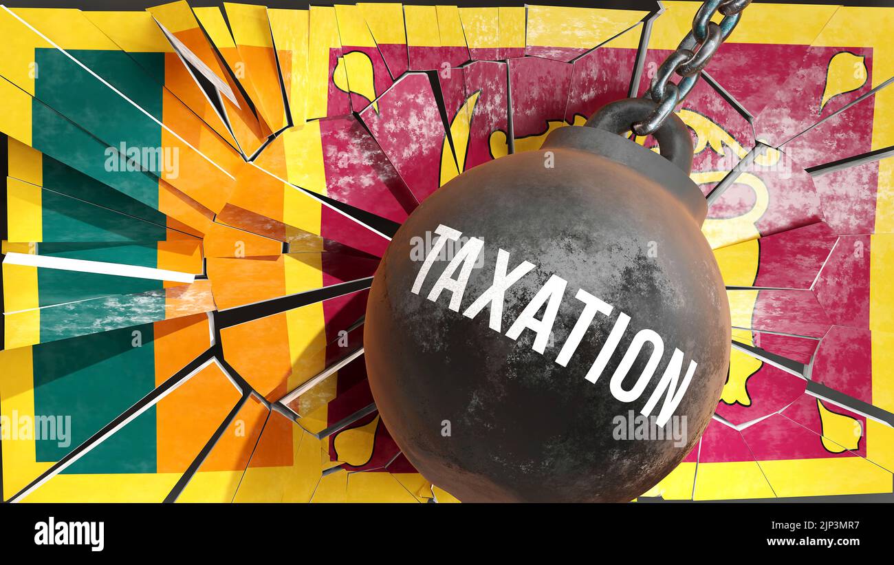 Sri Lanka and Taxation that destroys the country and wrecks the economy. Taxation as a force causing possible future decline of the nation,3d illustra Stock Photo