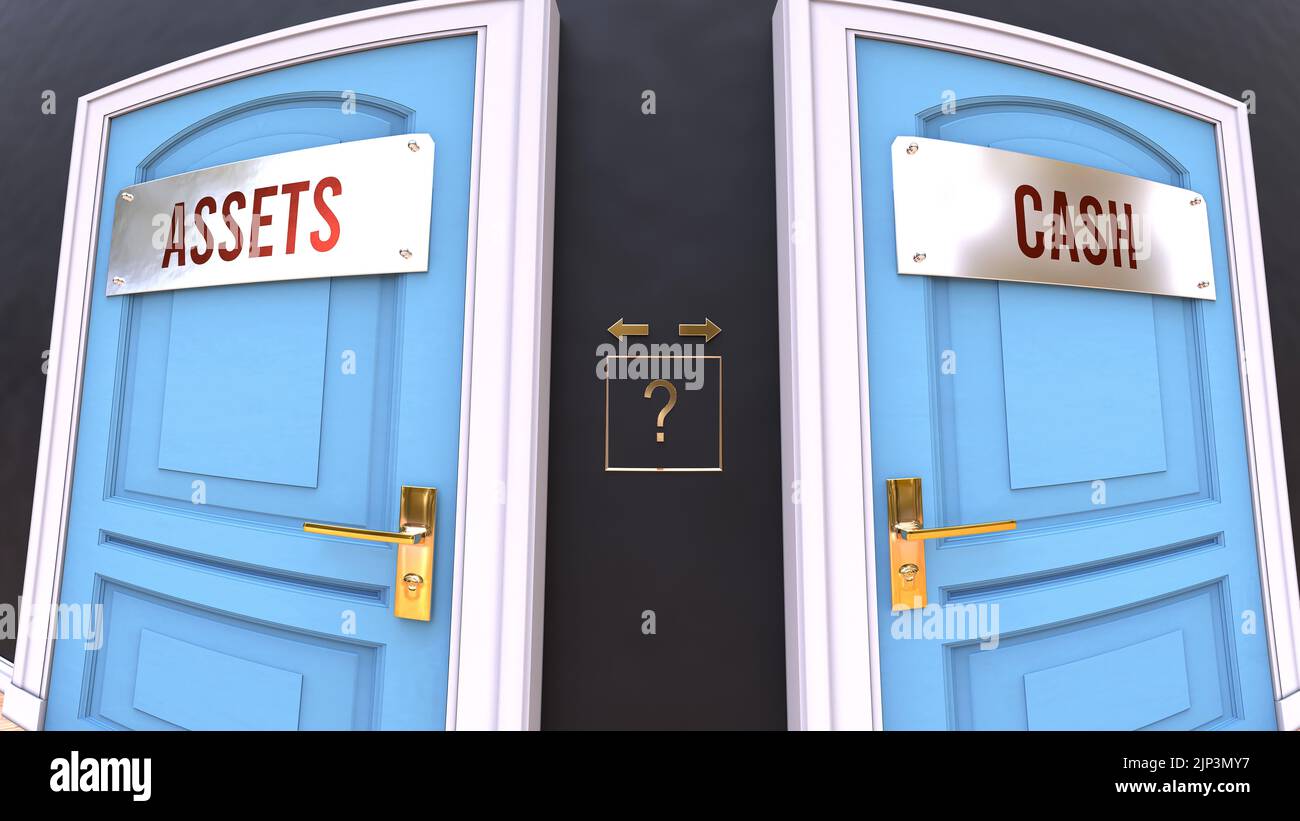 Assets or Cash - a choice. Two options to choose from represented by doors leading to different outcomes. Symbolizes decision to pick up either Assets Stock Photo