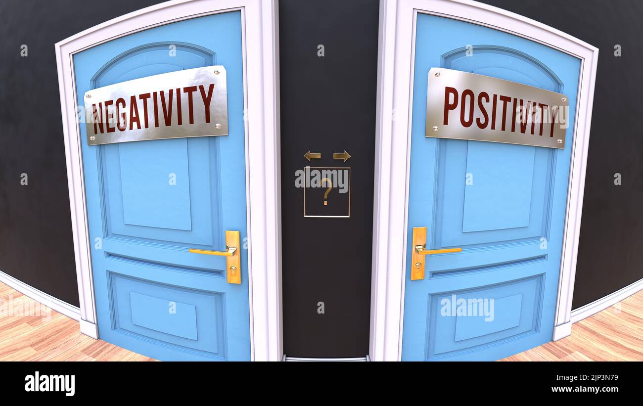 Negativity or Positivity - a choice. Two options to choose from represented by doors leading to different outcomes. Symbolizes decision to pick up eit Stock Photo