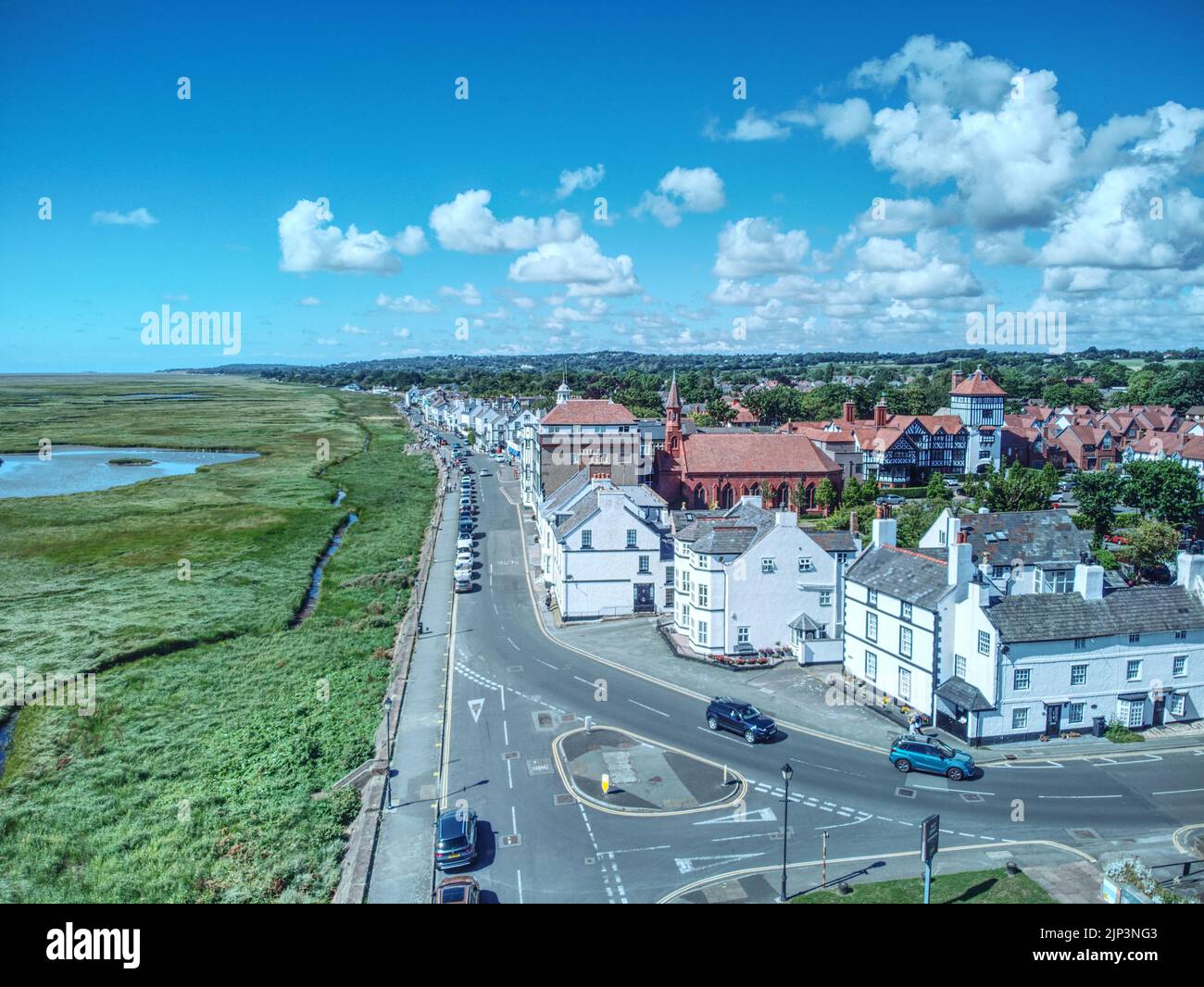 Parkgate seaside village Wirral Merseyside from above by drone midair