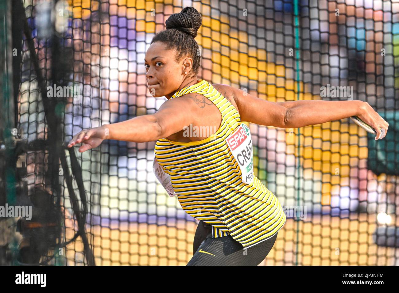 MUNCHEN, GERMANY - AUGUST 15: Shanice Craft of Germany competing in Women's Discus Throw at the European Championships Munich 2022 at the Olympiastadion on August 15, 2022 in Munchen, Germany (Photo by Andy Astfalck/BSR Agency) Stock Photo