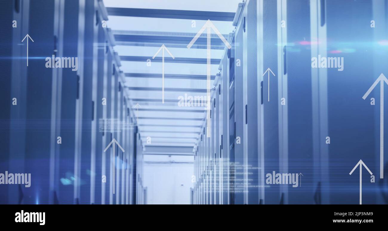 Image of arrows and data processing over computer servers Stock Photo