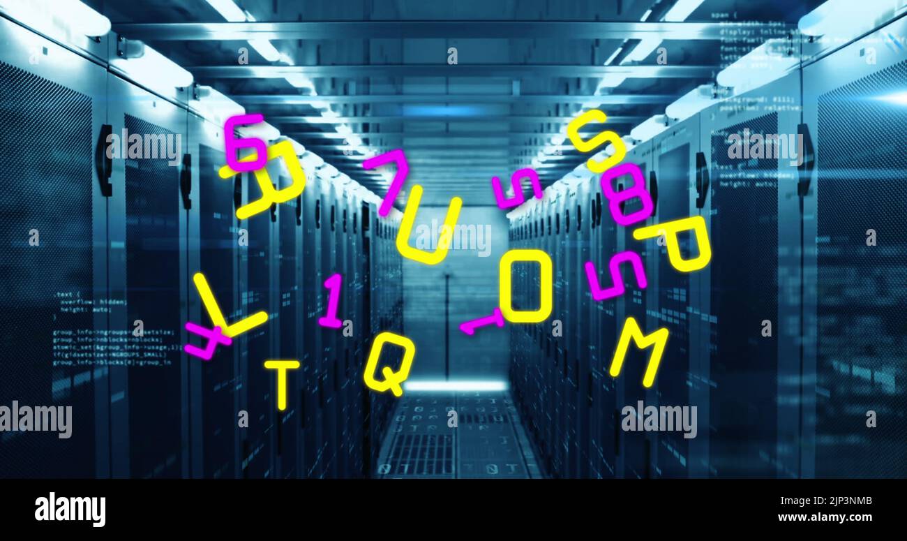 Image of letters and data processing over computer servers Stock Photo