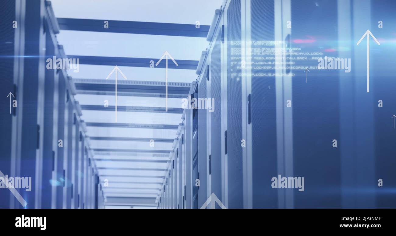 Image of arrows and data processing over computer servers Stock Photo