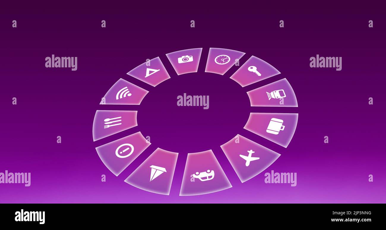 Image of travel icons spinning on pink background Stock Photo