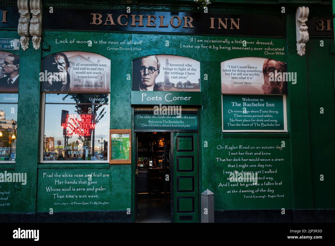 Quotes by famous Irish writers and poets on the facade of the Bachelor Inn in Dublin, Ireland. Stock Photo