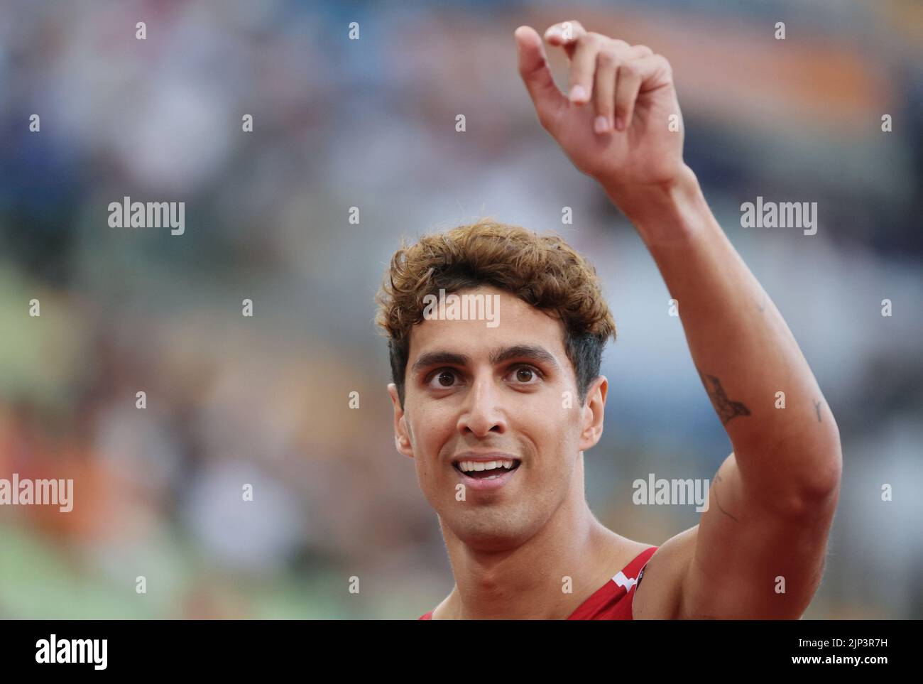 Athletics - 2022 European Championships - Olympiastadion, Munich, Germany - August 15, 2022 Denmark's Benjamin Lobo Vedel celebrates after winning the Men's 400m Round 1 Heat 3 REUTERS/Wolfgang Rattay Stock Photo