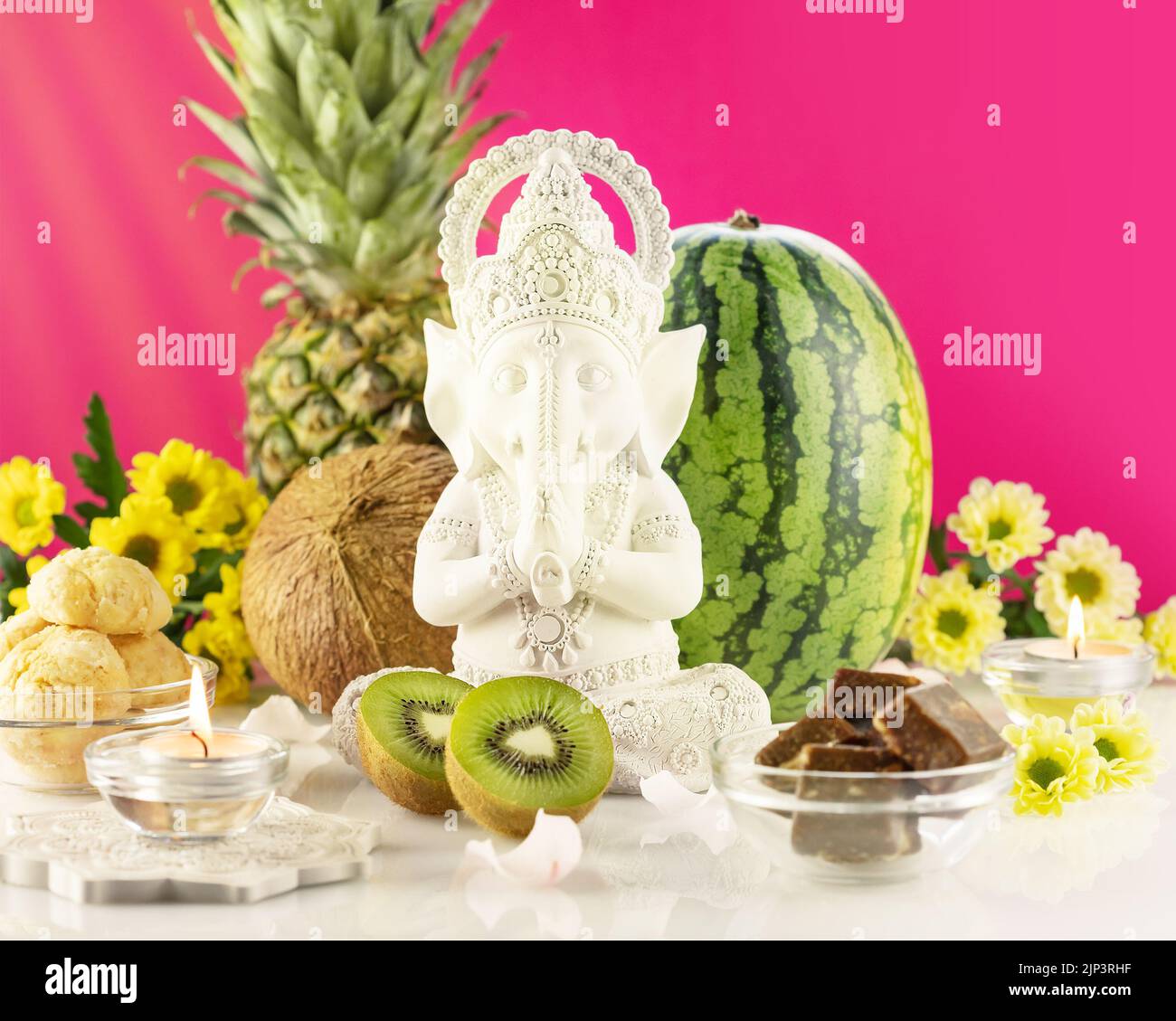 Lord Ganesha , Ganesh festival. Ganesh Chaturthi holiday card with sculpture of Ganesha