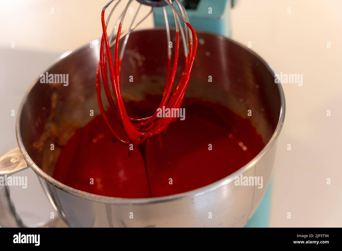 Process of mixing red velvet cake ingredients in the food processor