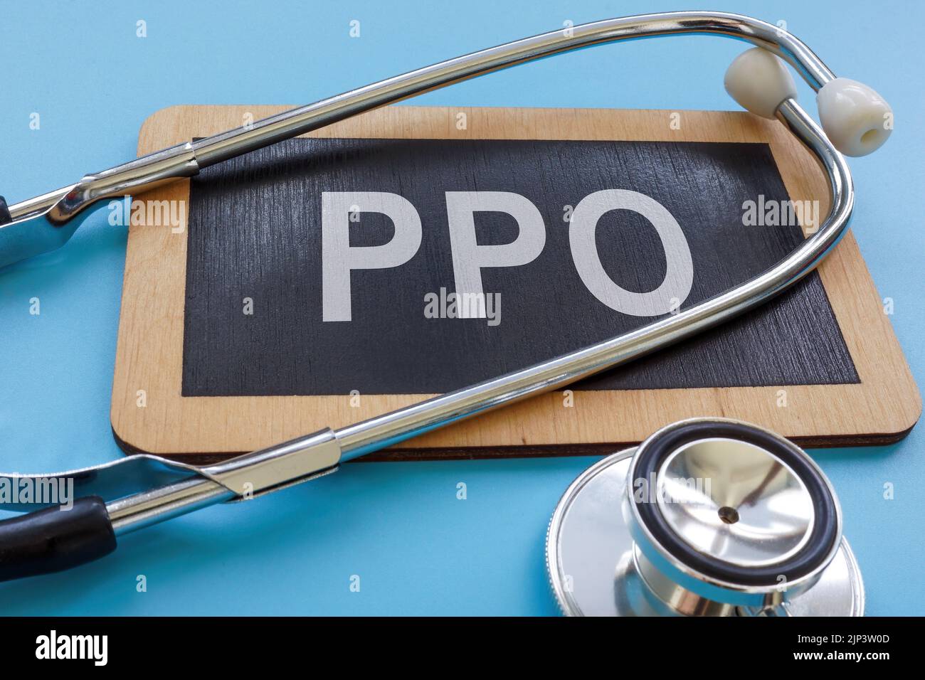 Plate with abbreviation PPO preferred provider organization or health insurance plan. Stock Photo