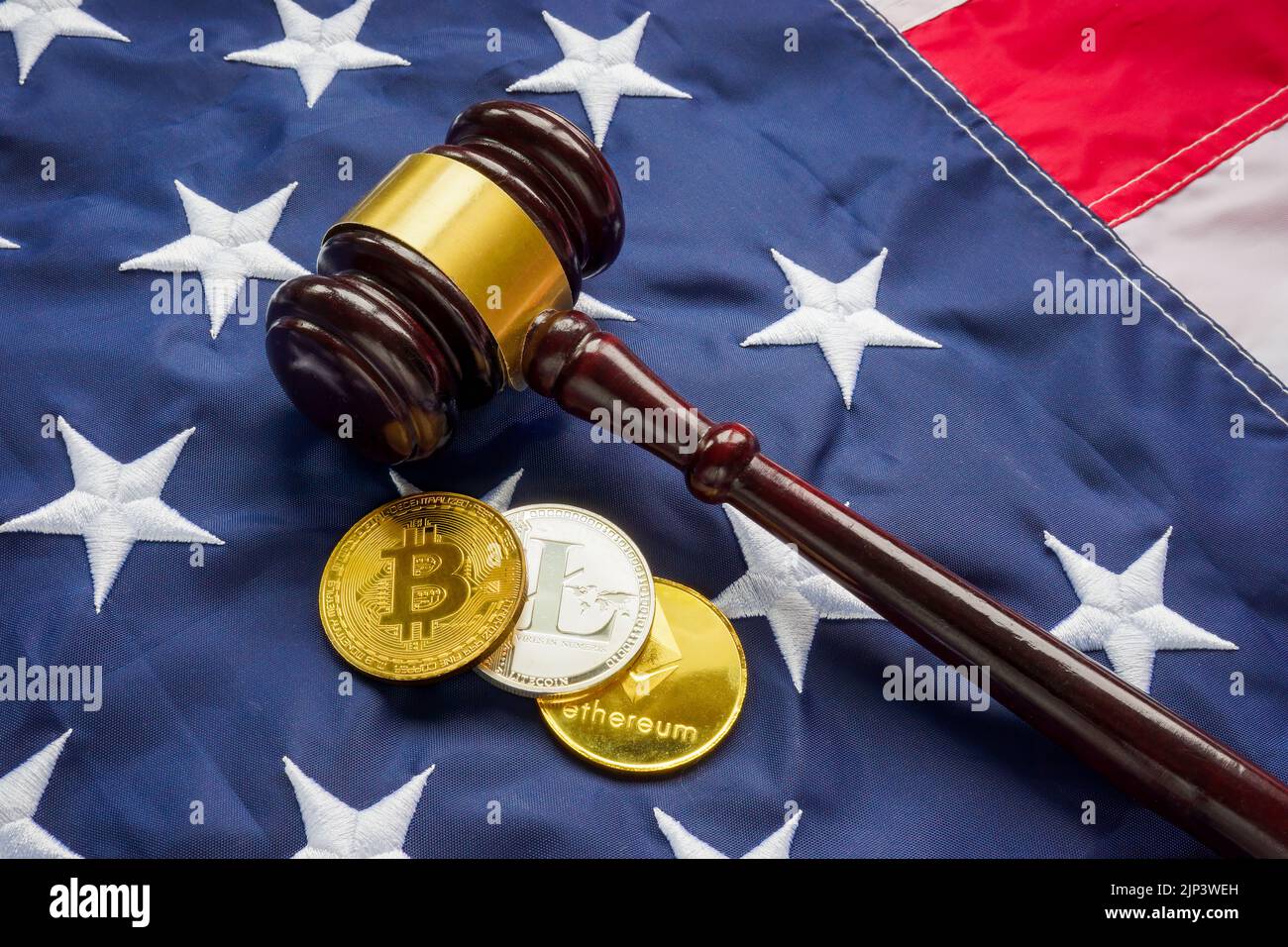 USA cryptocurrency law concept. Coins, flag and gavel. Stock Photo