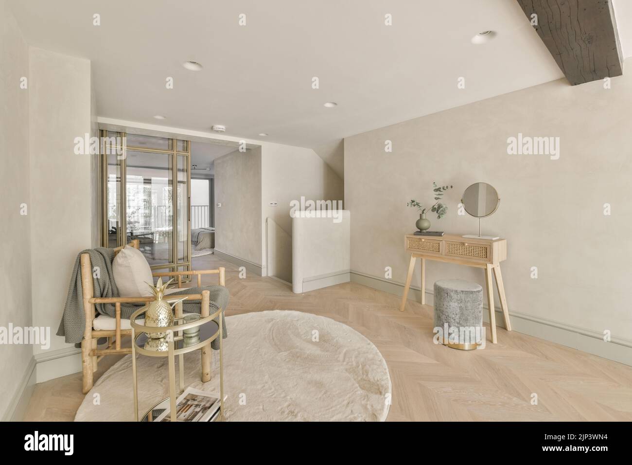 Luxury bed with soft colorful pillows and blanket located against green