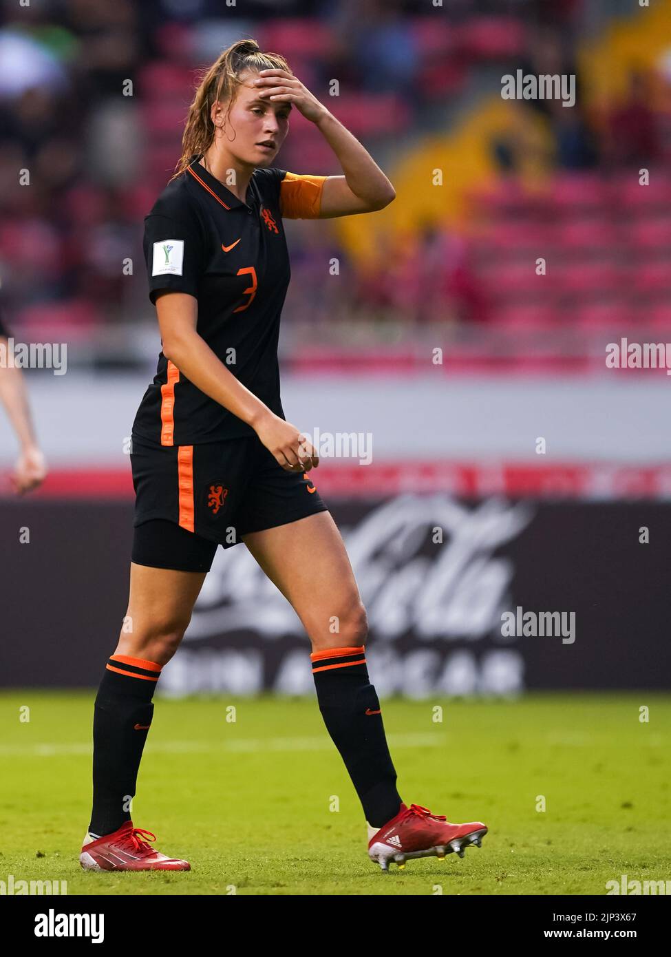 San Jose, Costa Rica. 14th Aug, 2022. San Jose, Costa Rica, August 14th 2022: Marit Auee (3 Netherlands) looks dejected and disappointed during the FIFA U20 Womens World Cup Costa Rica 2022 football match between USA and Netherlands at Estadio Nacional in San Jose, Costa Rica. (Daniela Porcelli/SPP) Credit: SPP Sport Press Photo. /Alamy Live News Stock Photo