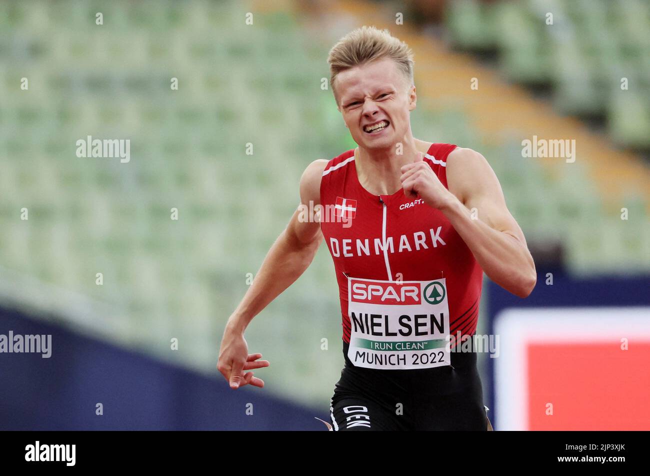 Athletics - 2022 European Championships - Olympiastadion, Munich, Germany - August 15, 2022 Denmark's Gustav Lundholm Nielsen in action during the Men's 400m Round 1 Heat 4 REUTERS/Wolfgang Rattay Stock Photo