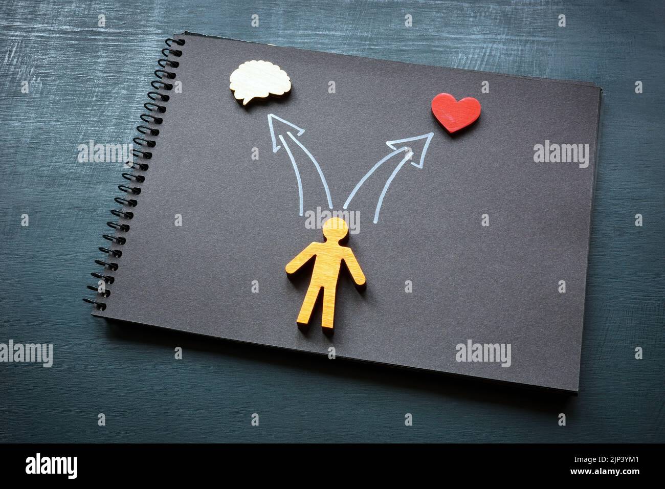 Figurine and arrows for selection to the brain and heart. Compassionate leadership. Stock Photo