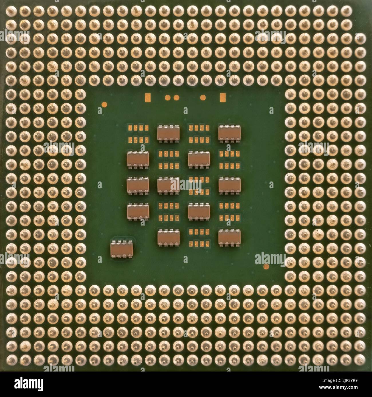 Computer cpu processor chip view from the bottom side pin connectors