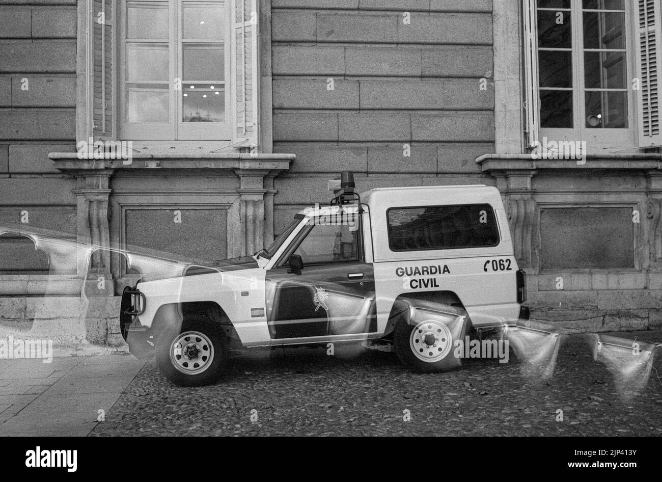 A Classic 4x4 offroad suv of the Spanish police parked in the street, Guardia Civil Nissan Patrol car Stock Photo