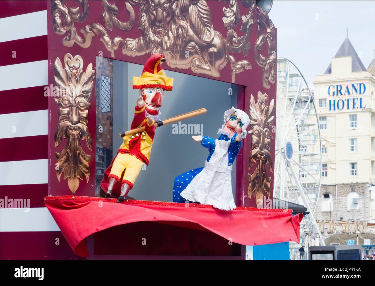Mr Punch and Judy during a performance of Professor Codman's wooden headed follies at Llandudno, North Wales Stock Photo