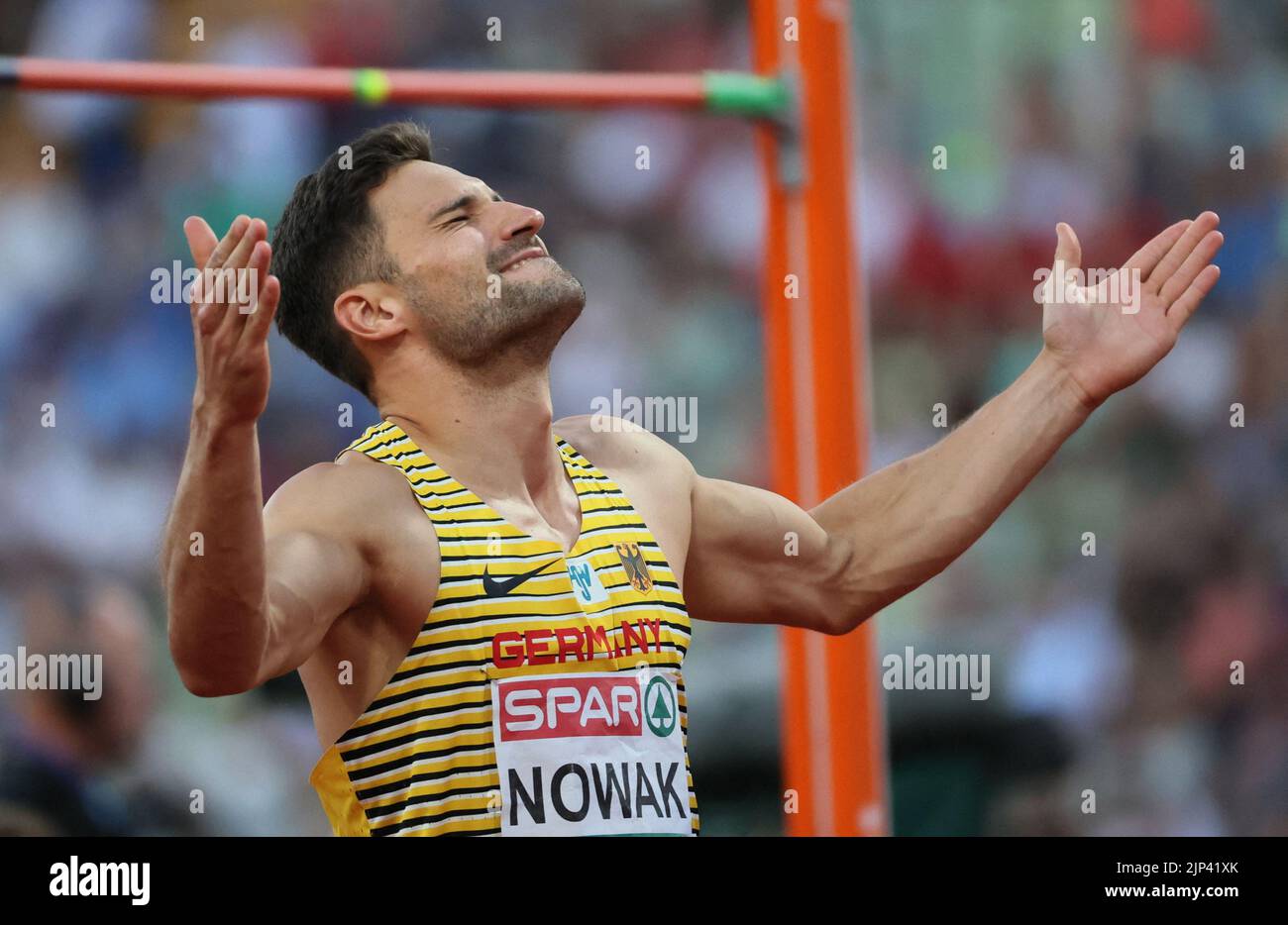 Athletics - 2022 European Championships - Olympiastadion, Munich, Germany - August 15, 2022 Germany's Tim Nowak reacts after his jump on the Men's Decathlon High Jump - Group A REUTERS/Wolfgang Rattay Stock Photo