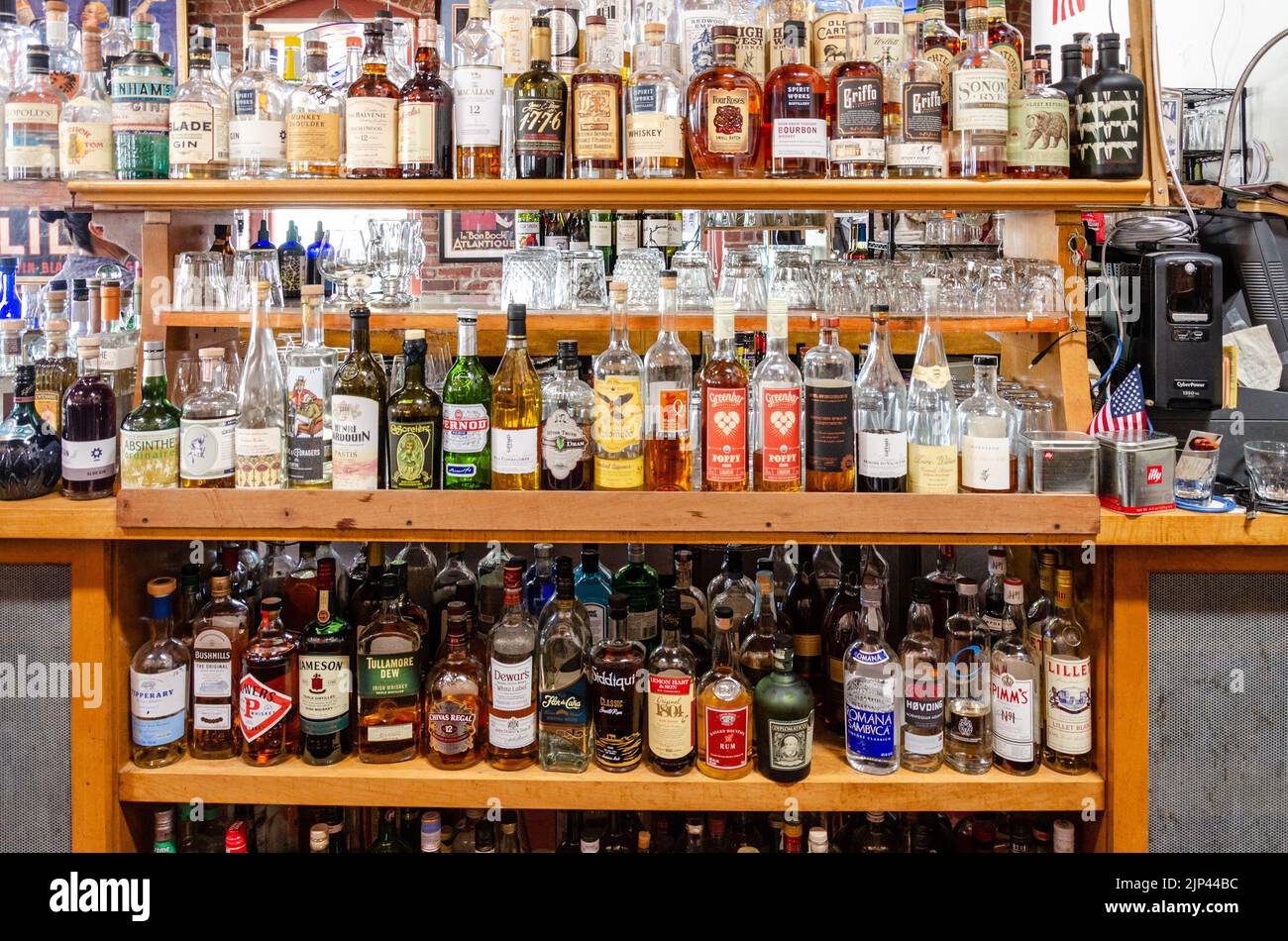 Bottles of liquor and alcoholic drinks at a bar in California, USA Stock Photo