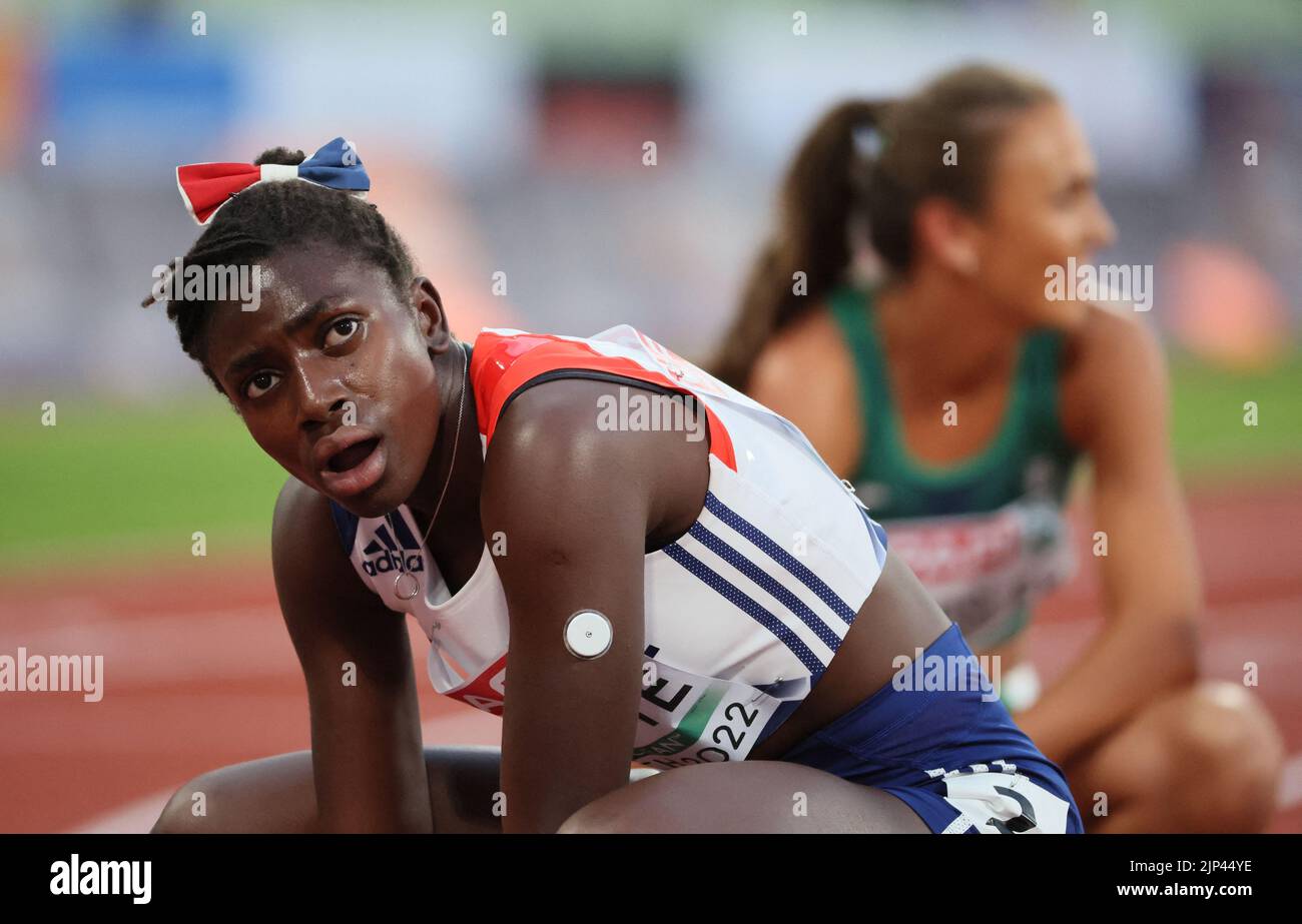 Athletics - 2022 European Championships - Olympiastadion, Munich, Germany - August 15, 2022 France's Sokhna Lacoste reacts after winning the women's 400m Round 1 Heat 3 REUTERS/Wolfgang Rattay Stock Photo