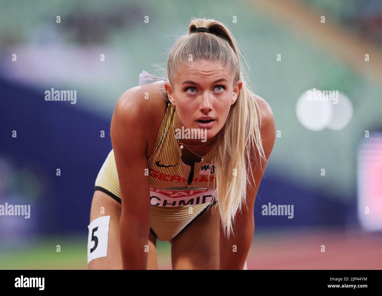 Athletics - 2022 European Championships - Olympiastadion, Munich, Germany - August 15, 2022 Germany's Alice Schmidt reacts after the women's 400m Round 1 Heat 3 REUTERS/Wolfgang Rattay Stock Photo