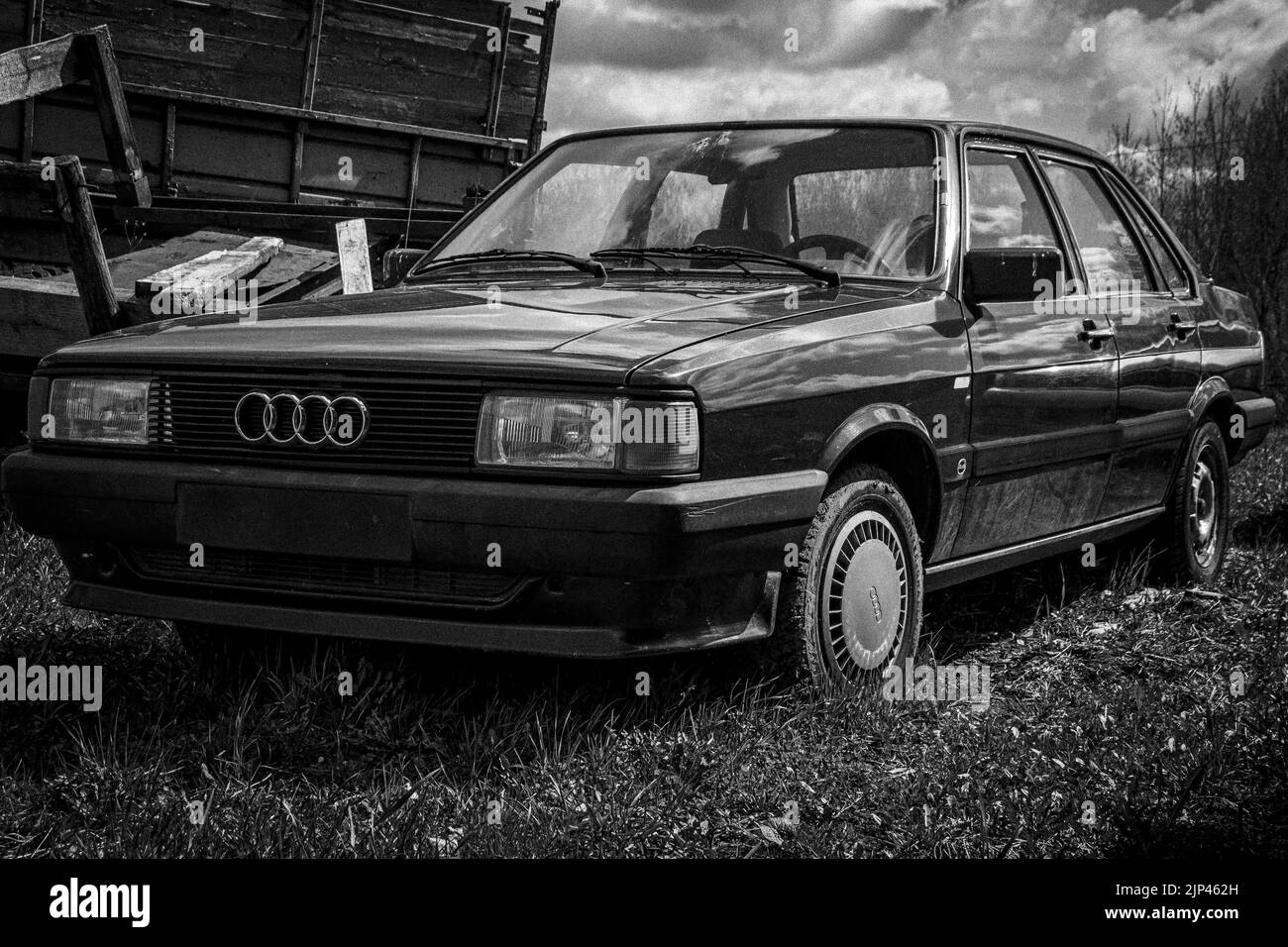 A grayscale shot of vintage Audi 80 CC Stock Photo