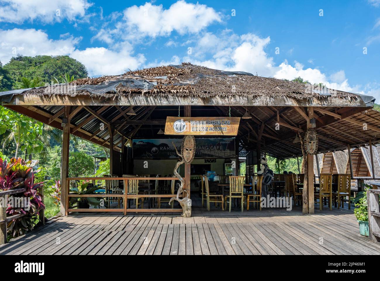 Patio and dinning area of the Rammang Rammang Eco-lodge. Sulawesi, Indonesia. Stock Photo