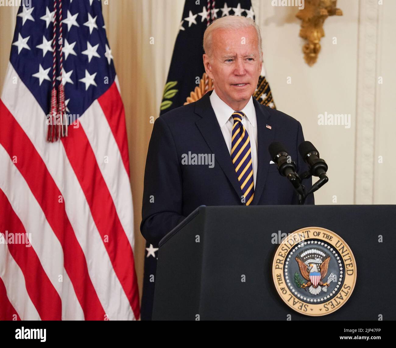 United States President Joe Biden speaks prior to his signing the bipartisan Promise to Address Comprehensive Toxics (PACT) Act in the East Room of the White House in Washington, DC on Wednesday, August 10, 2022. The legislation will help deliver more timely benefits and services to more than 5 million veterans who may have been impacted by toxic exposures while serving in the United States Armed forces. The legislation honors Sergeant First Class Heath Robinson who died due to a rare from of lung cancer. Credit: Jemal Countess/CNP/AdMedia Stock Photo