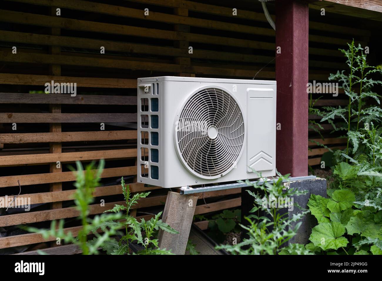 New modern HVAC air conditioning external compressor unit preapred for installation or wall of wooden residential country cottage Stock Photo - Alamy