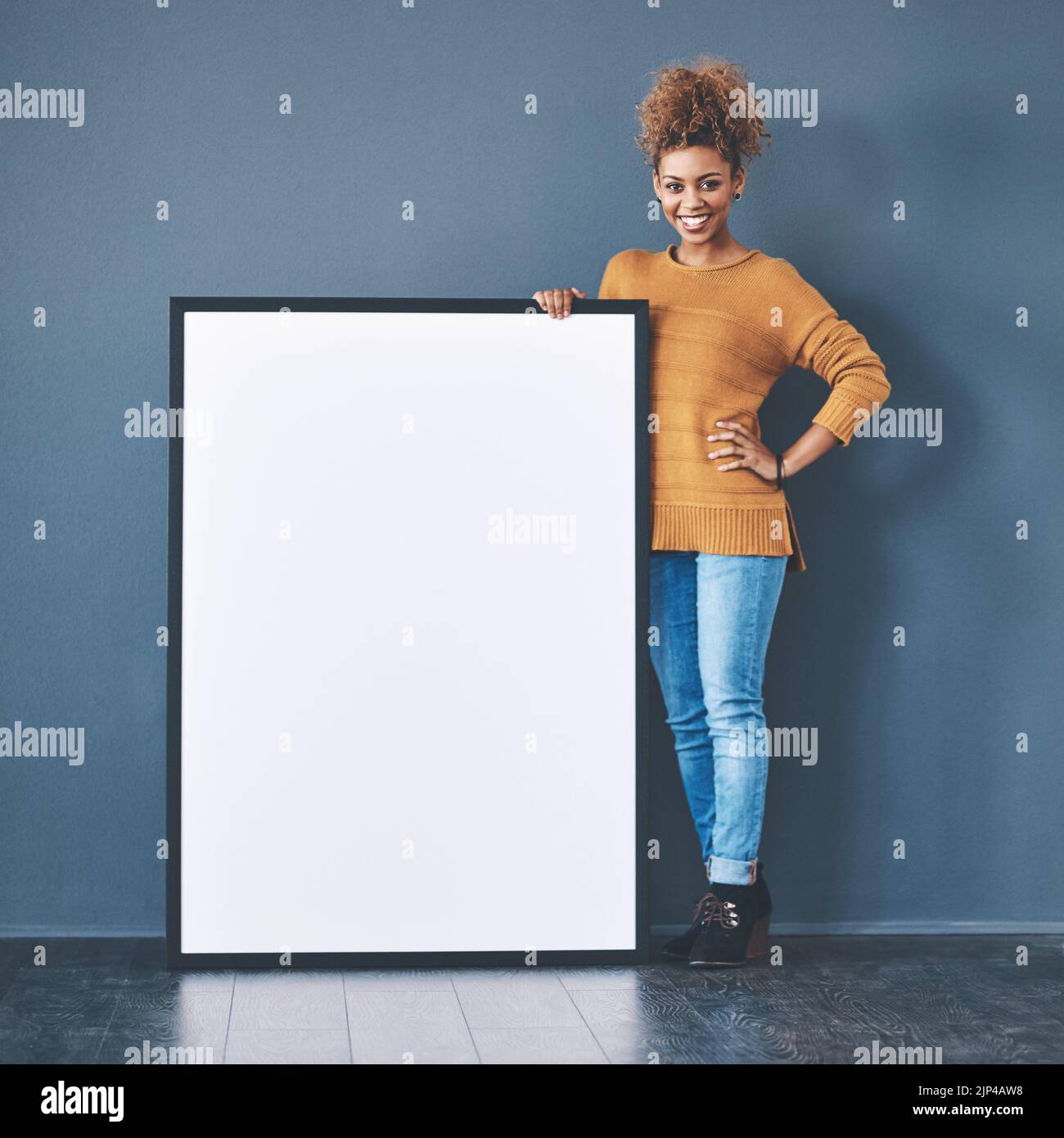 Marketing, poster and blank board with copy space being held by happy African woman sharing a banner for networking and advertising. Cheerful woman Stock Photo